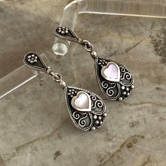 Sterling Silver 925 BOMA MOP Mother Of Pearl Oxidized Scrollwork Dangle Earrings - Picture 5 of 16